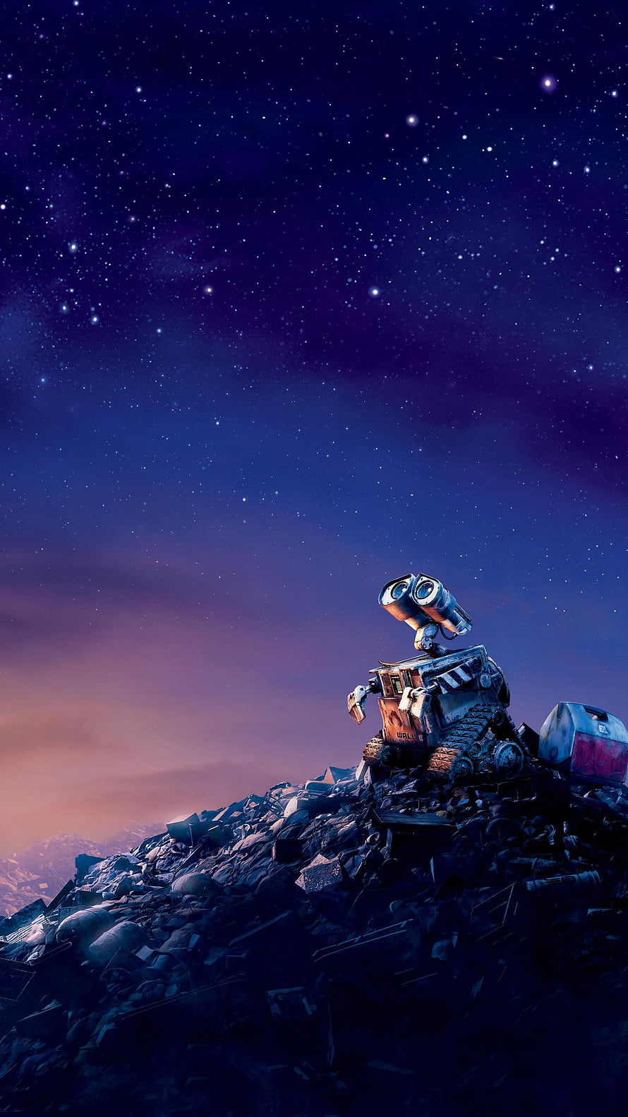 WALL-E Robot Standing on Scrap Metal Hill Under a Starry Night Sky HD phone wallpaper
