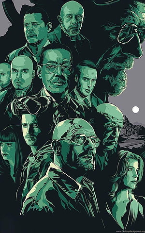 Breaking Bad Character Ensemble Poster in Green Toned Illustration Style HD phone wallpaper