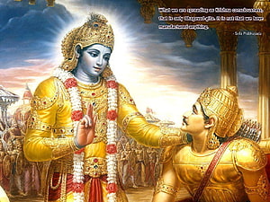 Lord Krishna and Arjuna on the Battlefield of Kurukshetra from the Mahabharata HD wallpaper