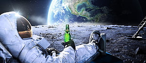 Astronaut relaxing on the lunar surface holding a green beer bottle with Earth in the background HD wallpaper