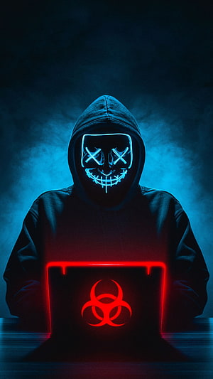 Hacker in Hoodie with Glowing Neon Mask and Biohazard Laptop HD phone wallpaper