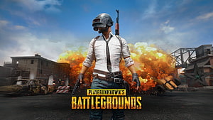 PUBG Battlegrounds Soldier with Rifle Amidst Explosions in War Zone HD wallpaper