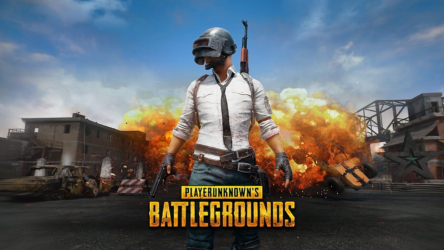 PUBG Battlegrounds Soldier with Rifle Amidst Explosions in War Zone HD wallpaper