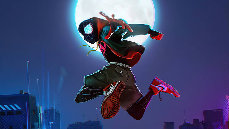 Miles Morales Spider-Man Leaping Through a Neon-Lit Night City Under a Full Moon, Miles Morales PC, miles morales spider man HD wallpaper
