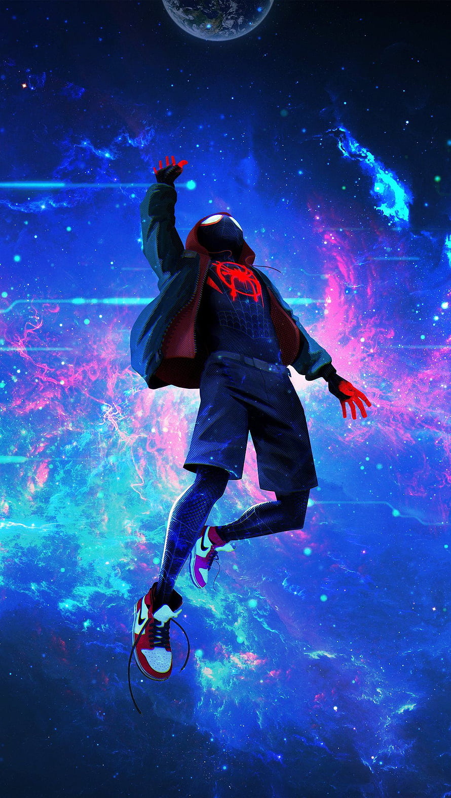 Miles Morales Spider-Man Floating in Vibrant Cosmic Nebula, Miles Morales in Spider, vertical spider man HD phone wallpaper