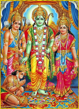 Sita Ram Lakshman and Hanuman in ornate traditional Indian devotional artwork, ☀ SITA RAM LAKSHMAN HANUMAN ☀, ram and sita HD phone wallpaper
