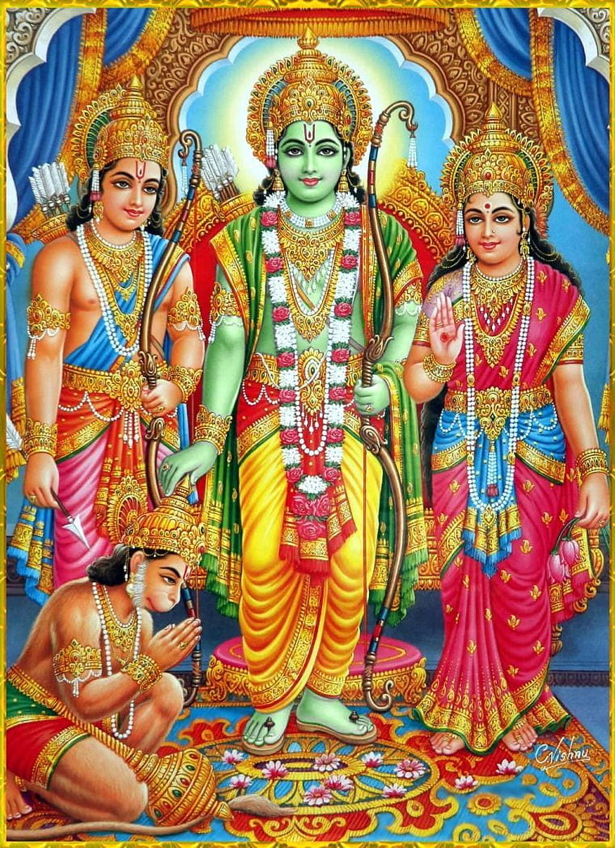 Sita Ram Lakshman and Hanuman in ornate traditional Indian devotional artwork, ☀ SITA RAM LAKSHMAN HANUMAN ☀, ram and sita HD phone wallpaper