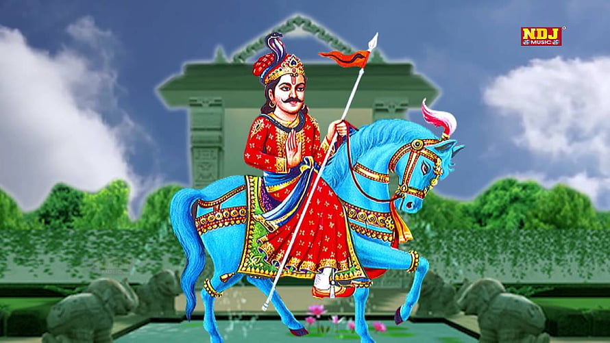 Jaharveer Goga on a Blue Horse in Traditional Indian Folk Art Style HD wallpaper