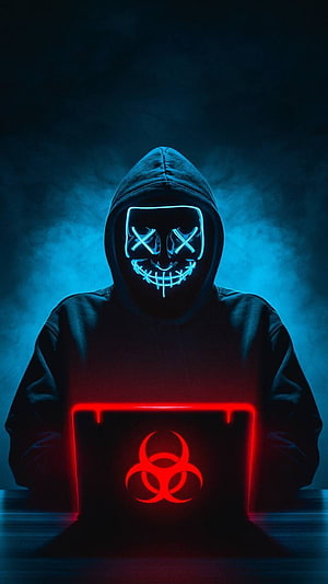 Hacker in Hoodie with Glowing Neon Mask and Biohazard Laptop HD phone wallpaper