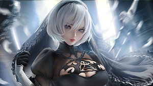 2B from Nier Automata in Black Dress with Flowing Veil and Silver Hair HD wallpaper