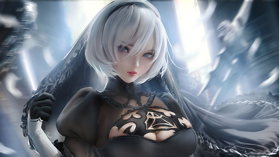 2B from Nier Automata in Black Dress with Flowing Veil and Silver Hair HD wallpaper