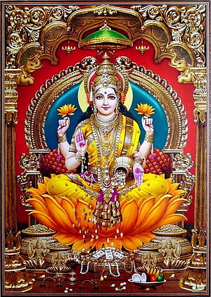 Maa Lakshmi Seated on Lotus with Gold Ornaments and Sacred Vessels HD phone wallpaper