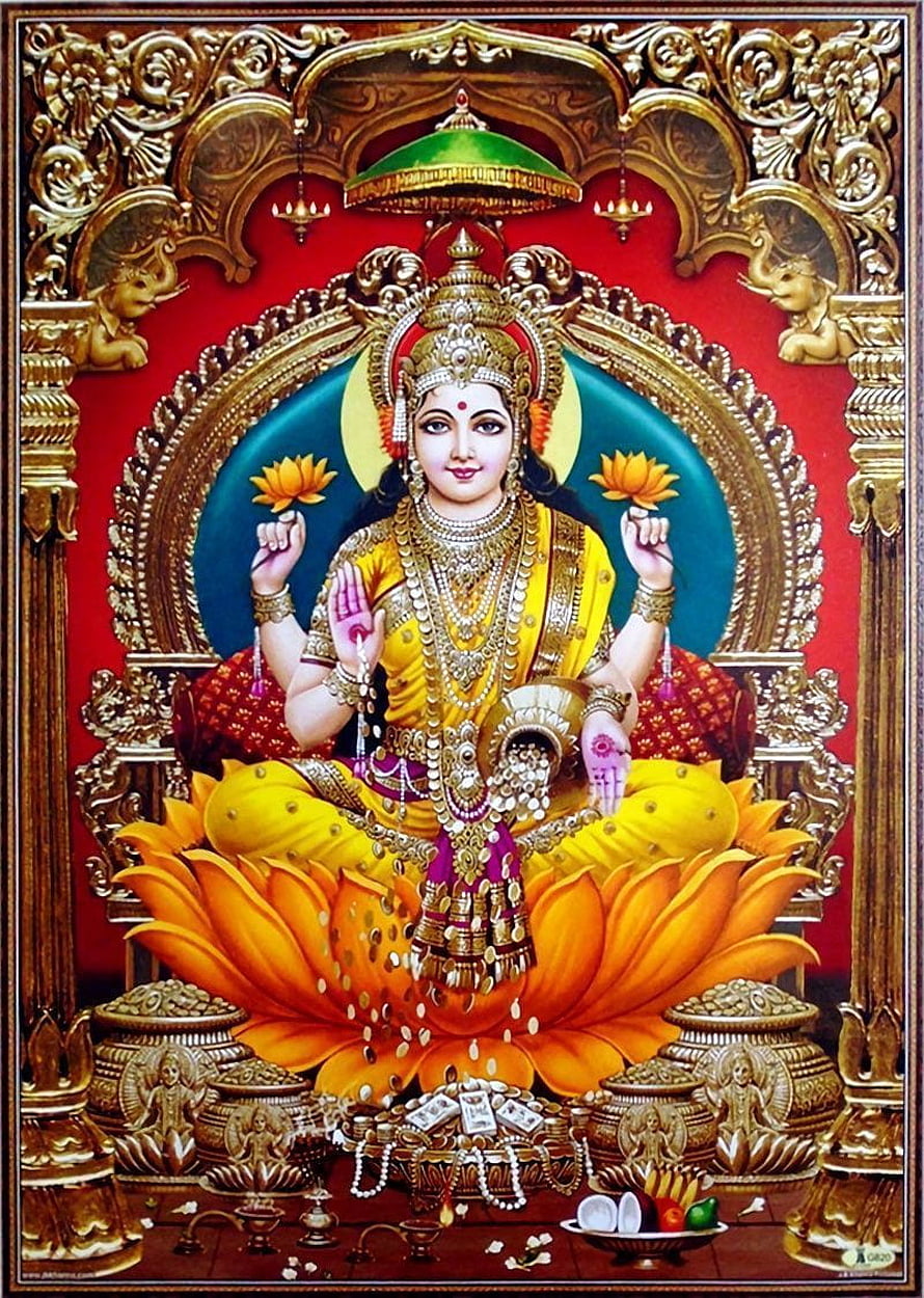 Maa Lakshmi Seated on Lotus with Gold Ornaments and Sacred Vessels HD phone wallpaper