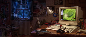 Cozy Retro Bedroom Setup Featuring Vintage CRT Monitor and Classic PC Gaming Station HD wallpaper