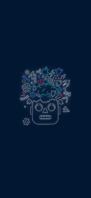 Neon Robot Head With Exploding Tech Icons And Gears On Dark Blue Background HD phone wallpaper