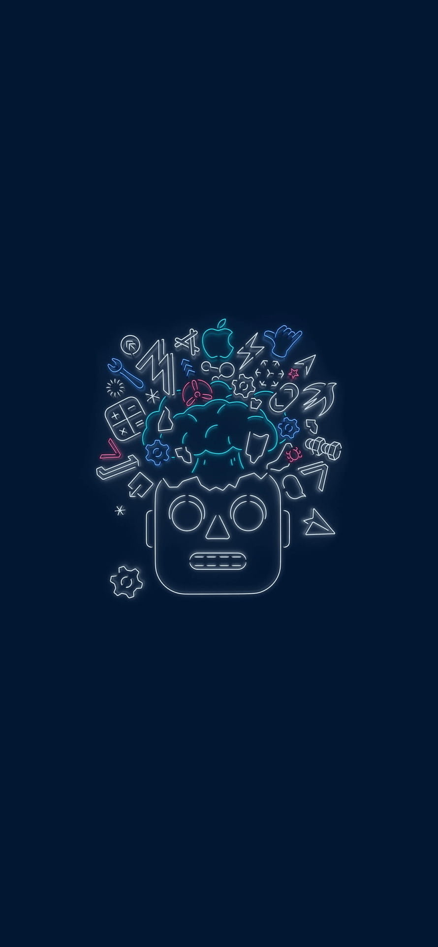 Neon Robot Head With Exploding Tech Icons And Gears On Dark Blue Background HD phone wallpaper