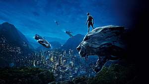 Black Panther standing on a stone panther head overlooking Wakanda city at night with flying vehicles HD wallpaper