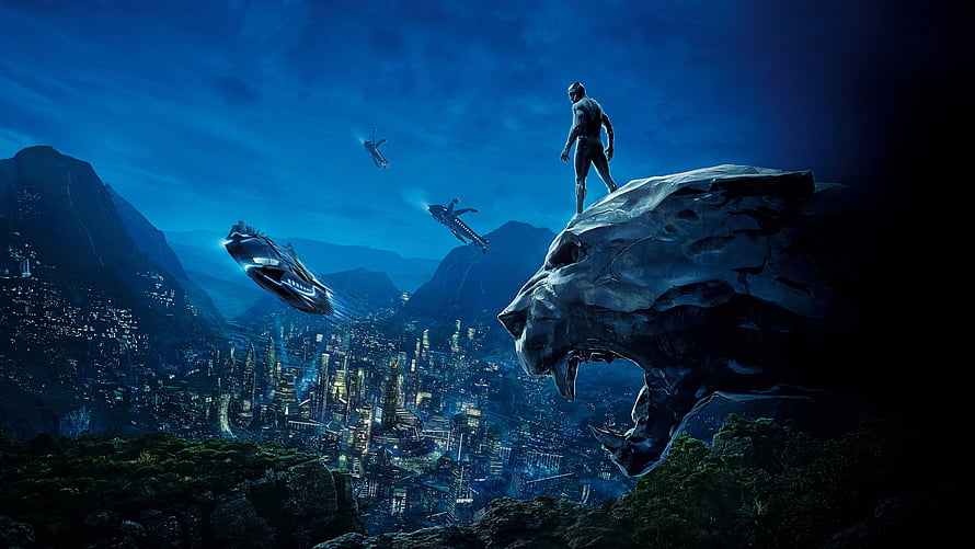 Black Panther standing on a stone panther head overlooking Wakanda city at night with flying vehicles HD wallpaper