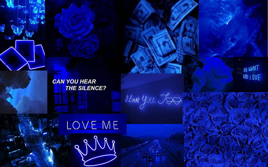Blue Neon Aesthetic Collage With Roses, Money, City Lights, And Motivational Quotes HD wallpaper