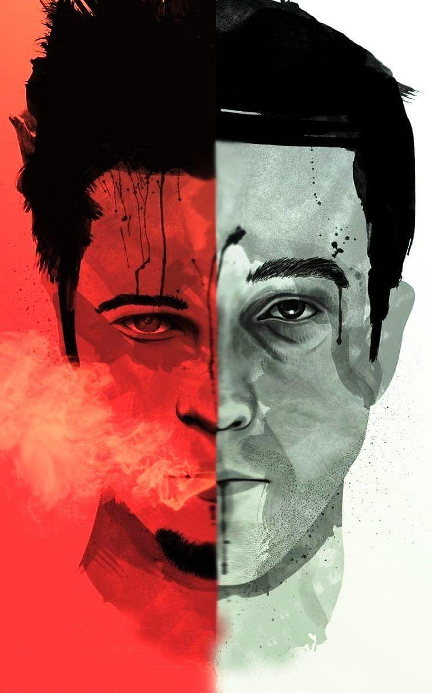 Tyler Durden Split Face Portrait with Red Smoke and Ink Splatter Art HD phone wallpaper