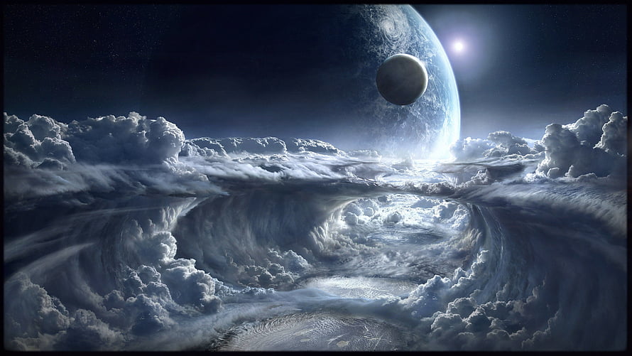 Dramatic Alien Planet and Moon Rising Above a Vast Cloud Sea in Deep Space HD wallpaper