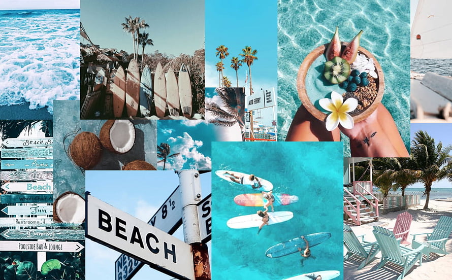 Tropical Summer Beach Aesthetic Collage Featuring Surfboards, Coconuts, and Ocean Views HD wallpaper