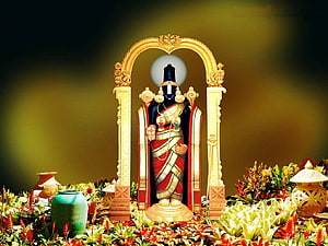 Black Shiva Statue in Red Saree with Golden Arch and Floral Decorations HD wallpaper