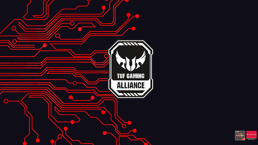 ASUS TUF Gaming Alliance Logo on Red Circuit Board Background HD wallpaper