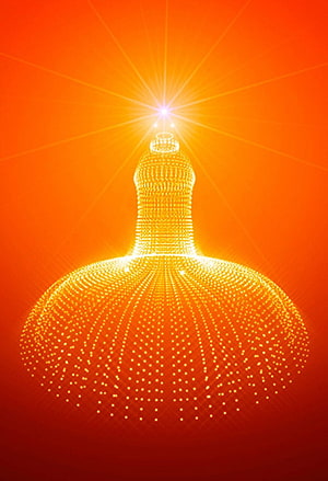 Illuminated Shiv Baba Temple Structure with Radiant Starburst Against Vibrant Orange Sky HD phone wallpaper