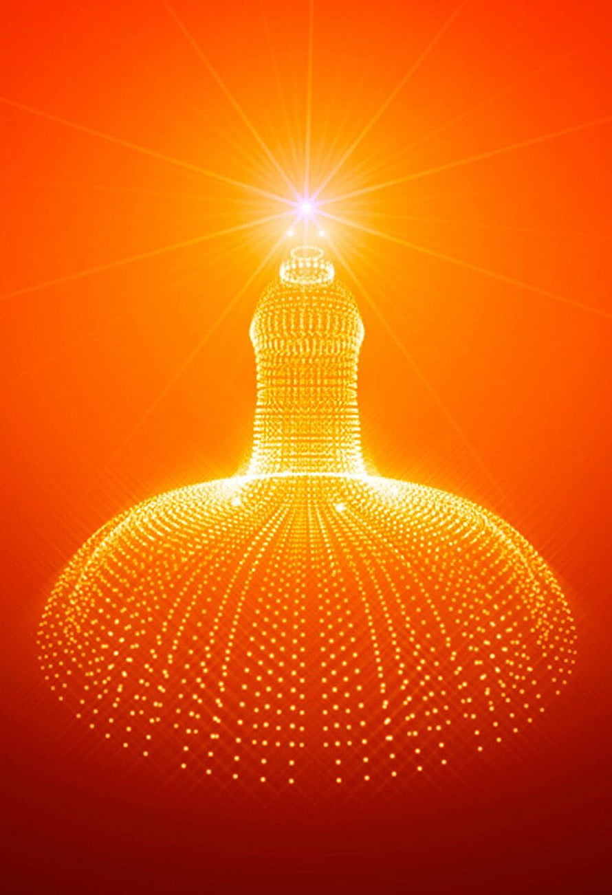 Illuminated Shiv Baba Temple Structure with Radiant Starburst Against Vibrant Orange Sky HD phone wallpaper