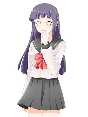 Hinata Hyuga in School Uniform with Red Ribbon and Purple Hair HD phone wallpaper