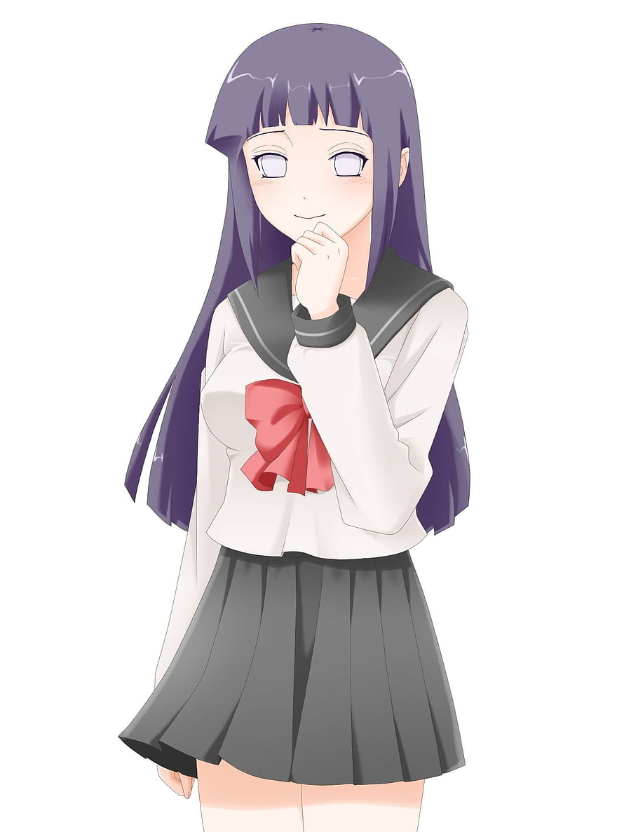 Hinata Hyuga in School Uniform with Red Ribbon and Purple Hair HD phone wallpaper