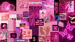 Pink Aesthetic Collage With Neon Signs, Vogue, Clueless, and Y2K Fashion Elements HD wallpaper