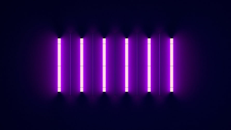 Six Vertical Purple Neon Light Bars on a Dark Background HD wallpaper