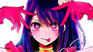 Anime Girl With Purple Hair And Starry Eyes Making A Playful Face HD wallpaper