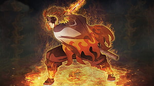 Kyojuro Rengoku Wielding a Blazing Katana in a Crouched Combat Stance HD wallpaper