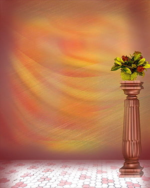 Warm Abstract Studio Backdrop With Fluted Pedestal And Floral Arrangement HD phone wallpaper
