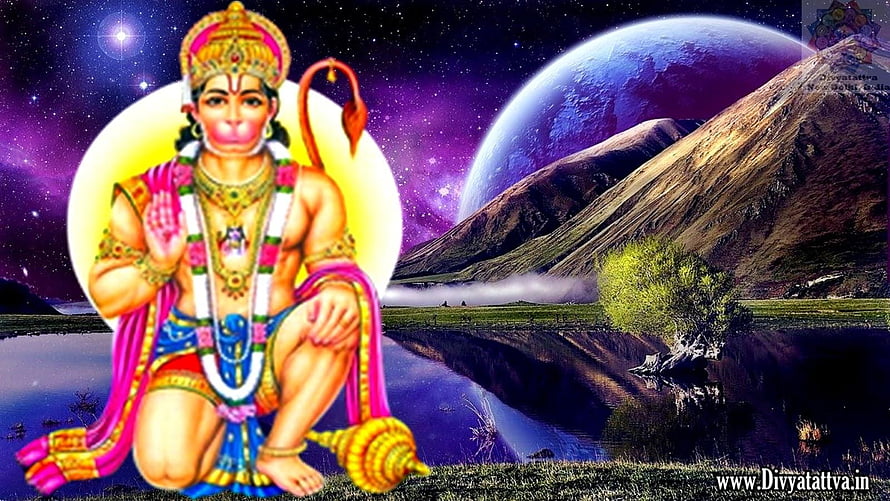 Hanuman Kneeling in Prayer Before a Cosmic Landscape with Planet and Mountain, Hanuman 3d Live, 3d hanuman HD wallpaper