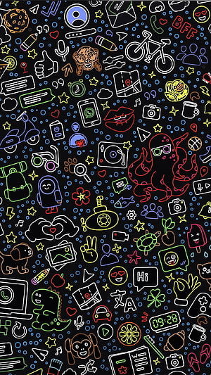 Colorful Neon Doodle Pattern Wallpaper With Cute Icons, Animals, And Daily Life Objects On Black Background HD phone wallpaper