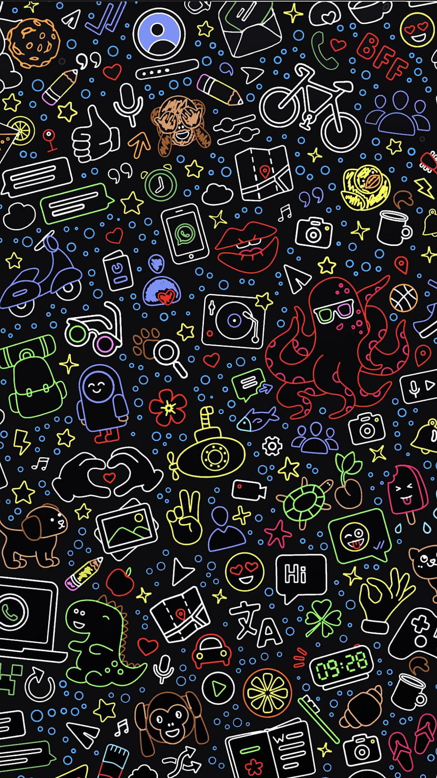 Colorful Neon Doodle Pattern Wallpaper With Cute Icons, Animals, And Daily Life Objects On Black Background HD phone wallpaper