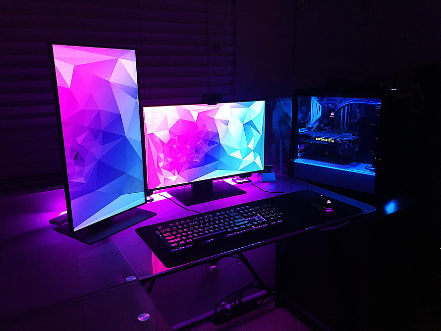 Gaming Setup With Dual Monitors And RGB Lighting HD wallpaper