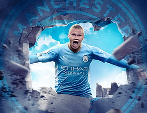 Erling Haaland Breaking Through Manchester City Crest in Sky Blue Kit HD wallpaper