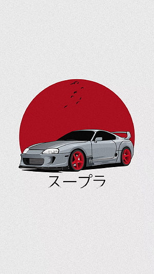 Nissan Supra JDM Illustration with Red Sun and Japanese Katakana Text HD phone wallpaper