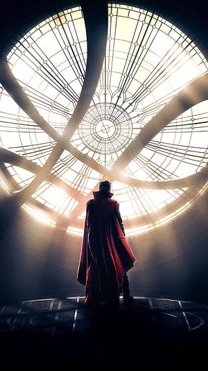 Doctor Strange in a Red Cloak Standing Under a Glowing Geometric Dome Ceiling HD phone wallpaper
