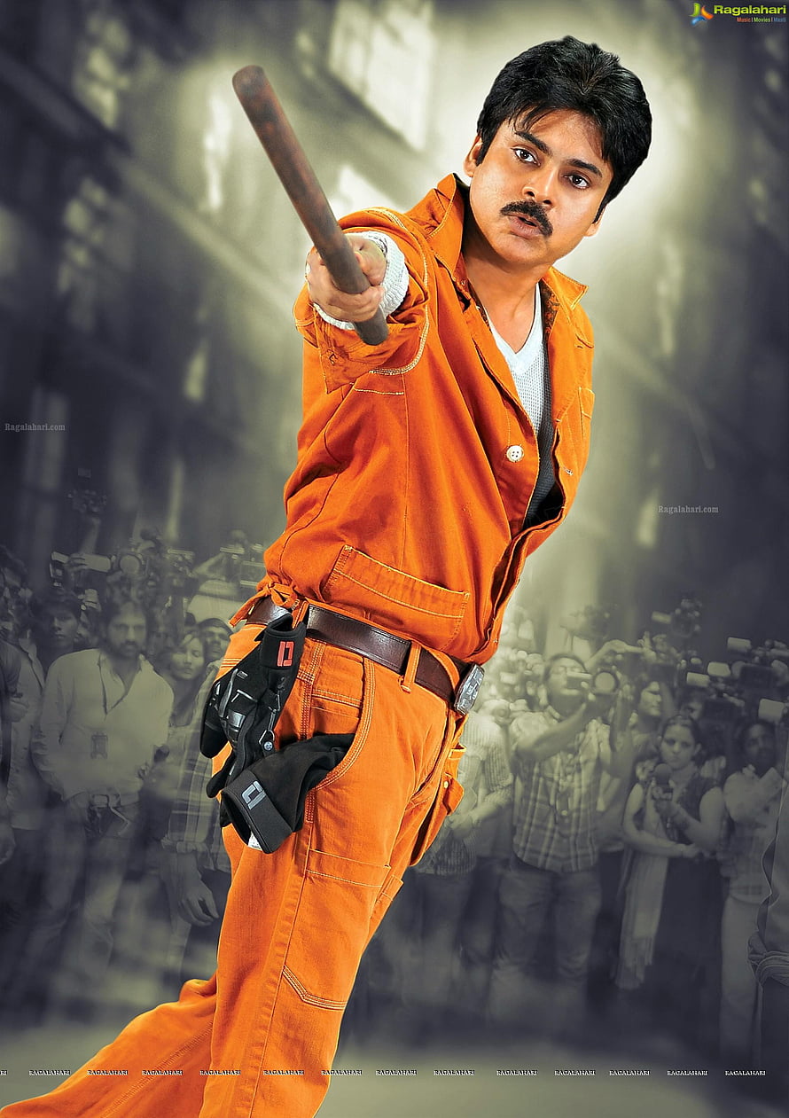 Pawan Kalyan in Orange Prisoner Outfit Holding Baseball Bat HD phone wallpaper