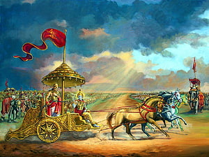 Arjuna and Krishna in the Chariot on the Battlefield of Kurukshetra from the Mahabharata HD wallpaper