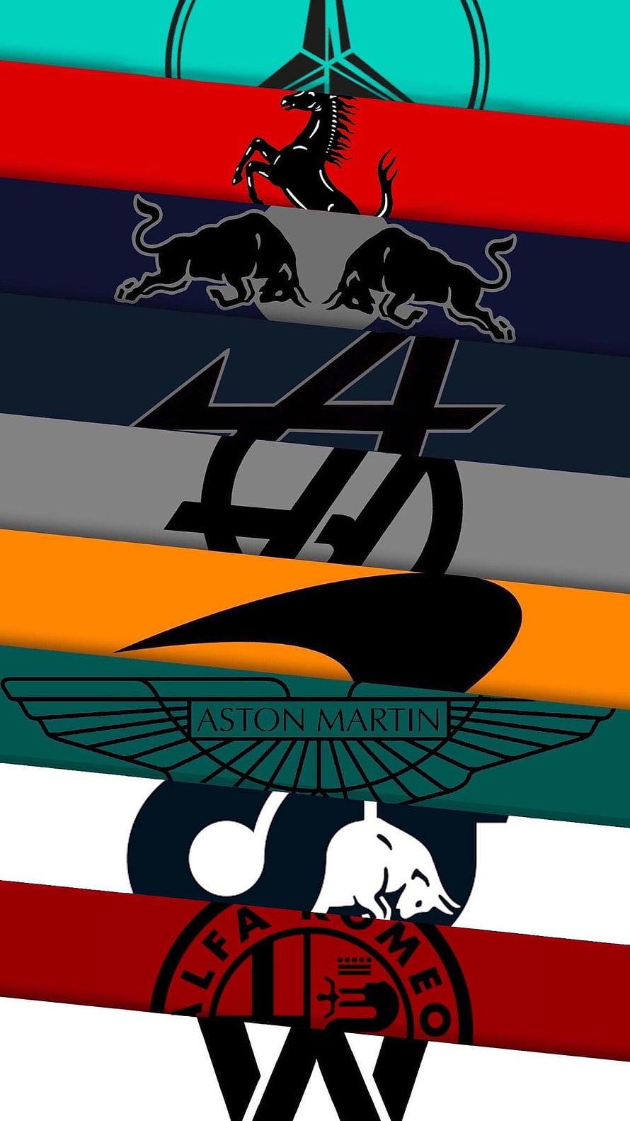 Formula 1 Team Logos Wallpaper Featuring Ferrari, Red Bull, Mercedes, Aston Martin, and Alfa Romeo HD phone wallpaper