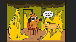 This Is Fine Dog Sitting in Burning Room Cartoon Illustration HD wallpaper