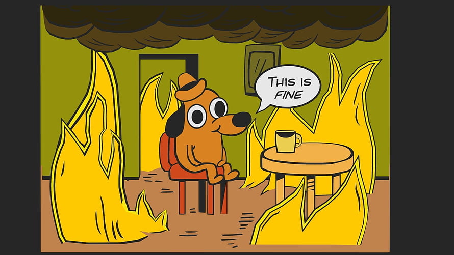 This Is Fine Dog Sitting in Burning Room Cartoon Illustration HD wallpaper