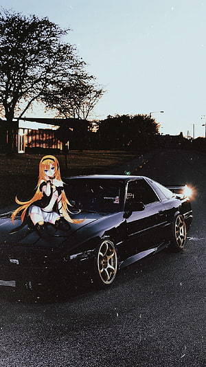 Anime Girl Sitting on Black Drift Car at Sunset HD phone wallpaper